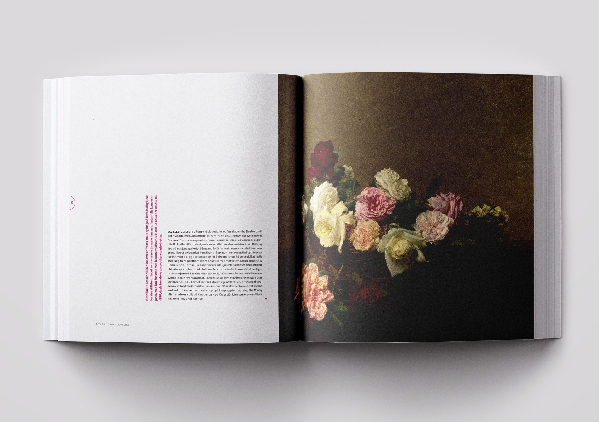 Open magazine with large album artwork from New Order's Power Corruption Lies